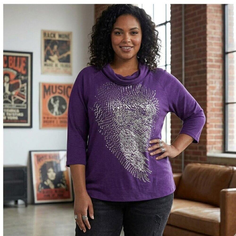 Seven 7 Luxe Purple Cowl Neck Top with Sequin Detail 3/4 Sleeve Size 3XL